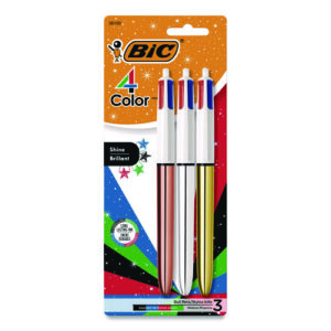 4-Color Shine Multi-Color Ballpoint Pen, Retractable, Medium 1mm, Black/Blue/Green/Red Ink, Assorted Metallic Barrels, 3/Pack