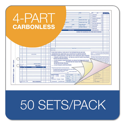 Auto Repair Four-Part Order Form, Four-Part Carbonless, 11 x 8.5, 50 Forms Total