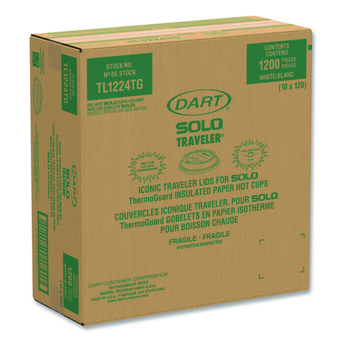 Solo Traveler Sip Through Lids for ThermoGuard Hot Cups, Fits 12 oz to 24 oz Hot Cups, Plastic, White, 1,200/Carton