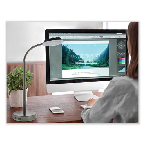 PureOptics LED Adjustable Gooseneck Desk Lamp with Two USB Ports, 14.12" High, Silver Base - Image 2