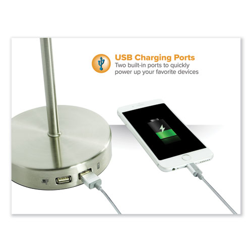 PureOptics LED Adjustable Gooseneck Desk Lamp with Two USB Ports, 14.12" High, Silver Base - Image 5
