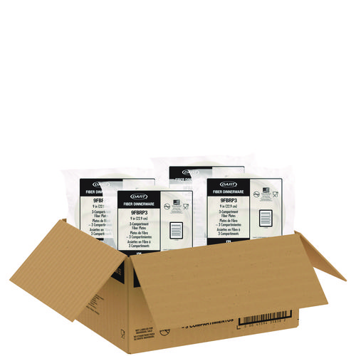 Compostable Molded Fiber Dinnerware, ProPlanet Seal, 3-Compartment Plate, 9" dia, Natural, 500/Carton