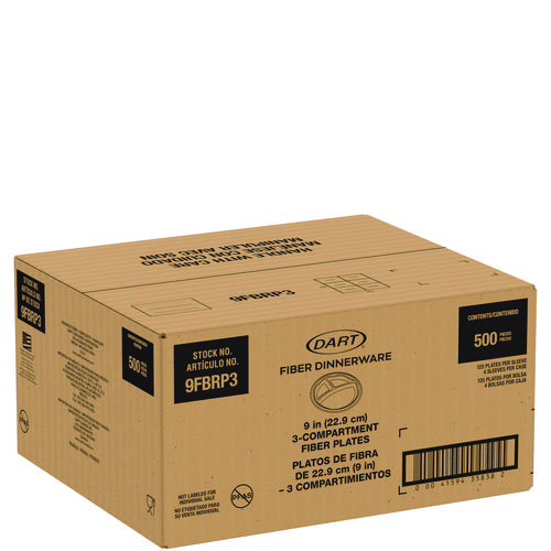Compostable Molded Fiber Dinnerware, ProPlanet Seal, 3-Compartment Plate, 9" dia, Natural, 500/Carton