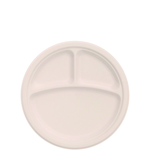 Compostable Molded Fiber Dinnerware, ProPlanet Seal, 3-Compartment Plate, 9" dia, Natural, 500/Carton