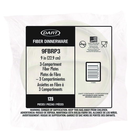 Compostable Molded Fiber Dinnerware, ProPlanet Seal, 3-Compartment Plate, 9" dia, Natural, 500/Carton