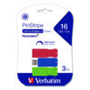 PinStripe USB 3.2 Flash Drive, 16 GB, Blue/Green/Red, 3/Pack