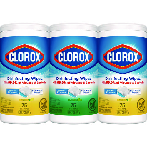 Disinfecting Wipes, Value Pack, Bleach Free Cleaning Wipes, 1-Ply, 7x8, Fresh Scent/Citrus Blend, White, 75/Canister, 3/Pack