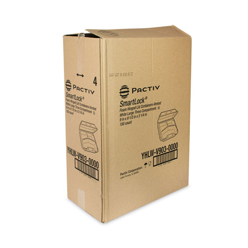 SmartLock Vented Foam Hinged Lid Container, 3 Compartments, 9 x 9.25 x 3.25, White, 150/Carton