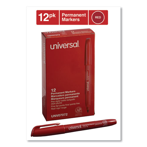 Pen-Style Permanent Marker, Fine Bullet Tip, Red, Dozen