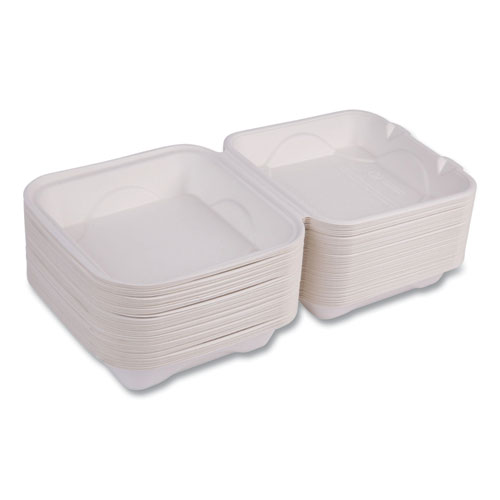 Vanguard Renewable and Compostable Sugarcane Clamshells, 8 x 8 x 3, White, 200/Carton