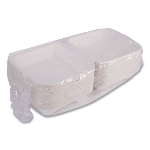 Vanguard Renewable and Compostable Sugarcane Clamshells, 8 x 8 x 3, White, 200/Carton