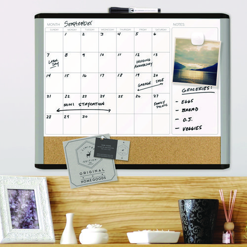 3N1 Magnetic Mod Dry Erase Board, Monthly Planning/Scheduling Calendar, 20" x 16", White Surface, Gray/Black Plastic Frame