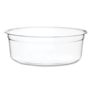 Round Deli Pots, Compostable, 8 oz, 4.6" Diameter x 1.5" h, Clear, Plastic, 500/Carton