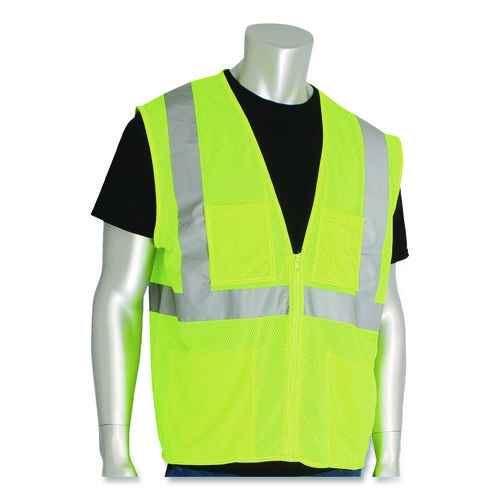 ANSI Class 2 Four Pocket Zipper Safety Vest, Polyester Mesh, Large, Hi-Viz Lime Yellow