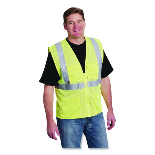 ANSI Class 2 Four Pocket Zipper Safety Vest, Polyester Mesh, Large, Hi-Viz Lime Yellow