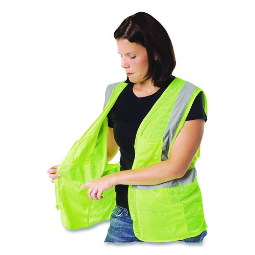 ANSI Class 2 Four Pocket Zipper Safety Vest, Polyester Mesh, Large, Hi-Viz Lime Yellow