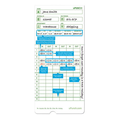 Time Clock Cards for uPunch HN1000/HN3000/HN3600, Two Sides, 7.5 x 3.5, 100/Pack