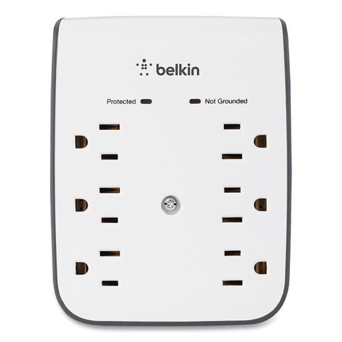SurgePlus USB Wall Mount Charger, 6 AC Outlets/2 USB Ports, 900 J, White/Black