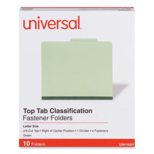 Four-Section Pressboard Classification Folders, 2" Expansion, 1 Divider, 4 Fasteners, Letter Size, Green Exterior, 10/Box