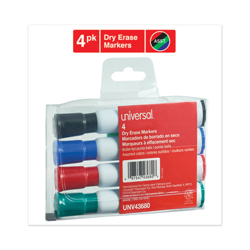 Dry Erase Marker, Medium Bullet Tip, Assorted Colors, 4/Set