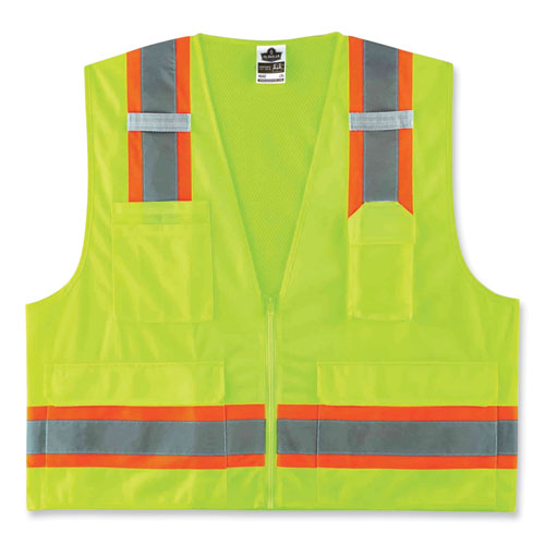GloWear 8248Z Class 2 Two-Tone Surveyors Zipper Vest, Polyester, Large/X-Large, Lime