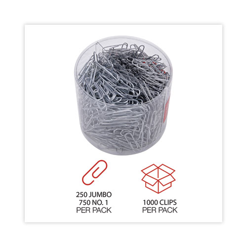 Plastic-Coated Paper Clips with Two-Compartment Dispenser Tub, (750) #2 Clips, (250) Jumbo Clips, Silver