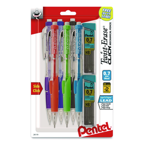 Twist-Erase CLICK Mechanical Pencil, 0.7 mm, HB (#2), Black Lead, Assorted Barrel Colors, 6/Pack