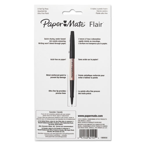 Flair Felt Tip Porous Point Pen, Stick, Ultra-Fine 0.4 mm, Assorted Ink and Barrel Colors, 8/Pack