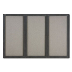 Enclosed Indoor Fabric Bulletin Board with Three Hinged Doors, 72" x 48", Gray Surface, Graphite Gray Aluminum Frame