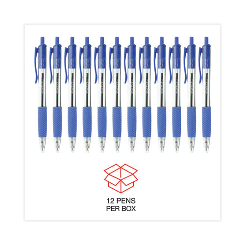 Comfort Grip Ballpoint Pen, Retractable, Medium 1 mm, Blue Ink, Clear/Blue Barrel, Dozen