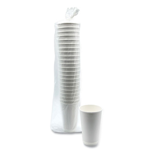 Paper Hot Cups, Double-Walled, 16 oz, White, 500/Carton