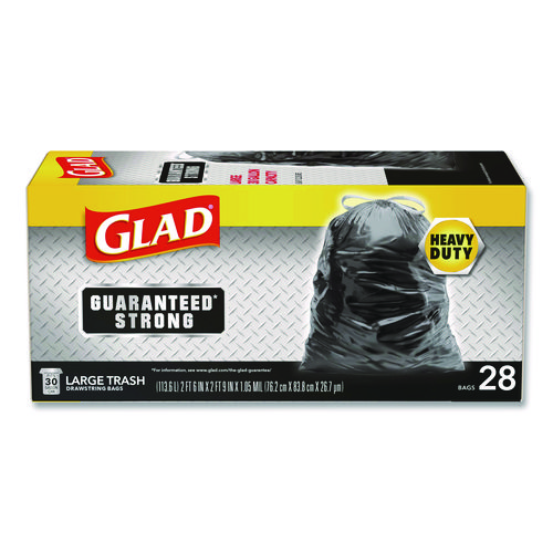 Guaranteed Strong Large Drawstring Trash Bags, Three-Ply, 30 gal, 1.05 mil, 30 x 33, Black, 28 Bags/Box, 6 Boxes/Carton