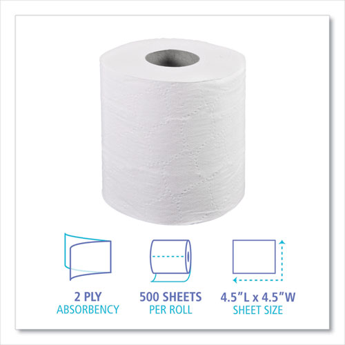 2-Ply Toilet Tissue, Septic Safe, White, 4.5 x 4.5, 500 Sheets/Roll, 96 Rolls/Carton