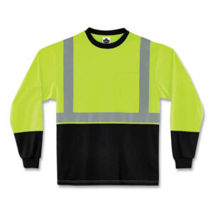 GloWear 8291BK Type R Class 2 Black Front Long Sleeve T-Shirt, Polyester, Medium, Lime