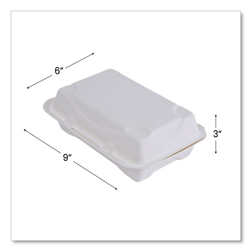 Vanguard Renewable and Compostable Sugarcane Clamshells, 9 x 6 x 3, White, 250/Carton