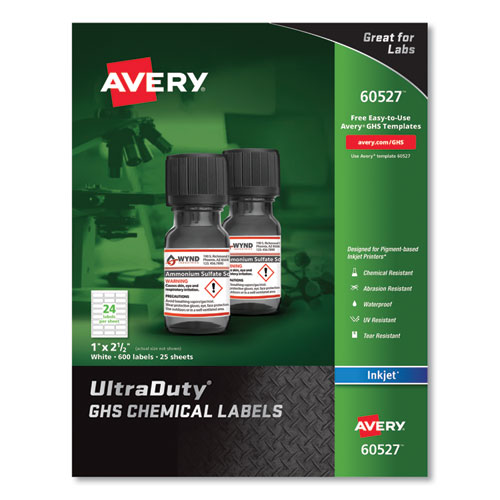 UltraDuty GHS Chemical Waterproof and UV Resistant Labels, 1 x 2.5, White, 24/Sheet, 25 Sheets/Pack