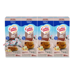 Plant-Based Oat Milk Liquid Creamers, Natural Vanilla, 0.38 oz Mini Cups, 50/Box, 4 Boxes/Carton