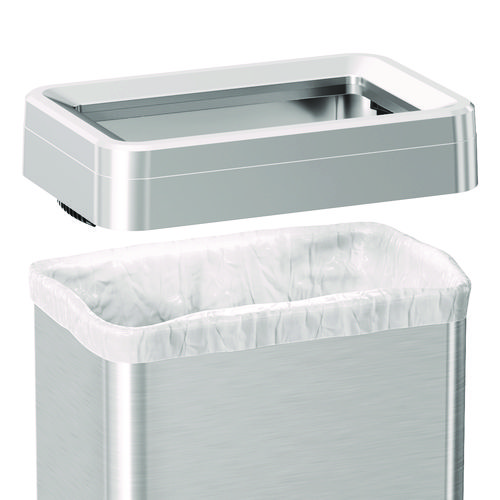 Open Top Trash Can with Wheels, Rectangular, 16 gal, Plastic/Stainless Steel, Silver