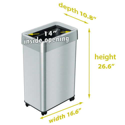 Open Top Trash Can with Wheels, Rectangular, 16 gal, Plastic/Stainless Steel, Silver
