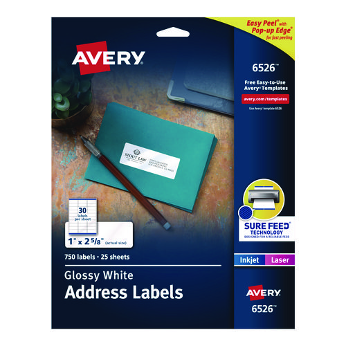 Avery Address Labels, Glossy White, 1" x 2-5/8" , 750 Total (6526)