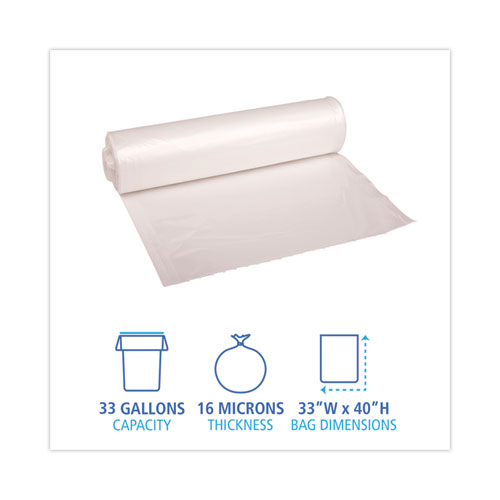 High Density Industrial Can Liners Coreless Rolls, 33 gal, 16 mic, 33" x 40", Natural, Perforated, 25 Bags/Roll, 10 Rolls/CT