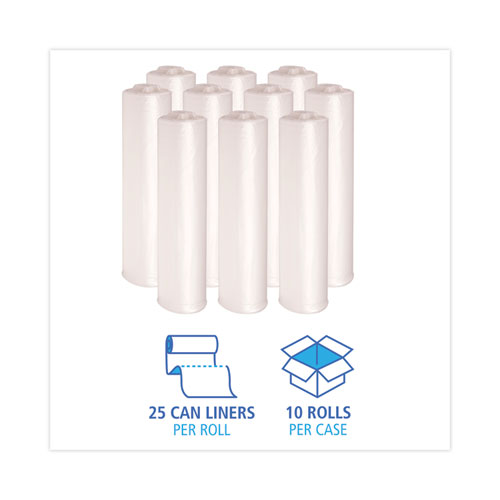 High Density Industrial Can Liners Coreless Rolls, 33 gal, 16 mic, 33" x 40", Natural, Perforated, 25 Bags/Roll, 10 Rolls/CT