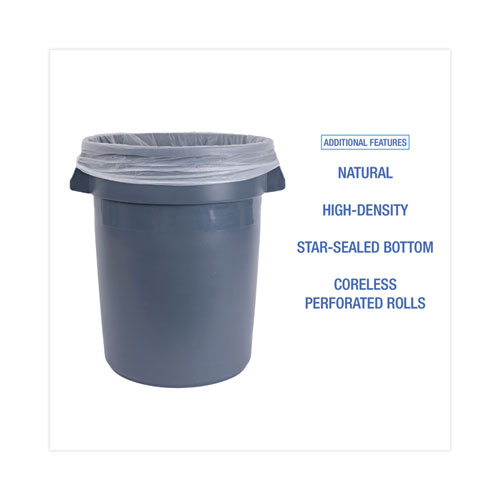 High Density Industrial Can Liners Coreless Rolls, 33 gal, 16 mic, 33" x 40", Natural, Perforated, 25 Bags/Roll, 10 Rolls/CT