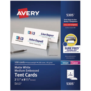 Medium Embossed Tent Cards, White, 8.5 x 2.5, 2 Cards/Sheet, 50 Sheets/Box