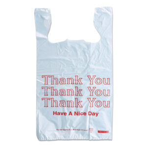 Plastic "Thank You - Have a Nice Day" Shopping Bags, Cut-Out Handles, 11.5" x 6.5" x 22", White/Red, 250/Box