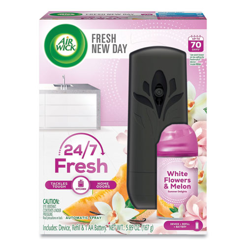 Freshmatic Life Scents Starter Kit, Automatic Sprayer/5.89 oz White Flowers and Melon Summer Delights Refill/Battery