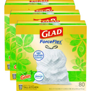 ForceFlex Kitchen Drawstring Trash Bags, 13 gal, Gain Original Scent, 24" x 27.38", White, 80 Bags/Box, 3 Boxes/Carton