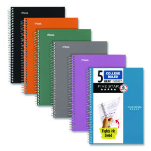 Wirebound Notebook, 5-Subject, Medium/College Rule, Assorted Cover Color, (150) 9.5 x 6.63 Sheets, 6/Pack