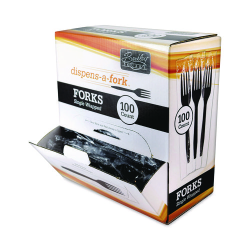 Dispens-a-Fork, Individually Wrapped, Mediumweight Fork, Plastic, Black, 100/Box