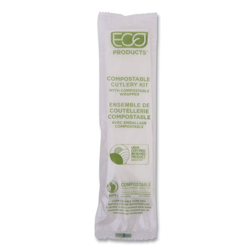 Plantware Compostable Cutlery Kit, Fork/Knife/Napkin/Spoon, Pearl White, 250 Kits/Carton